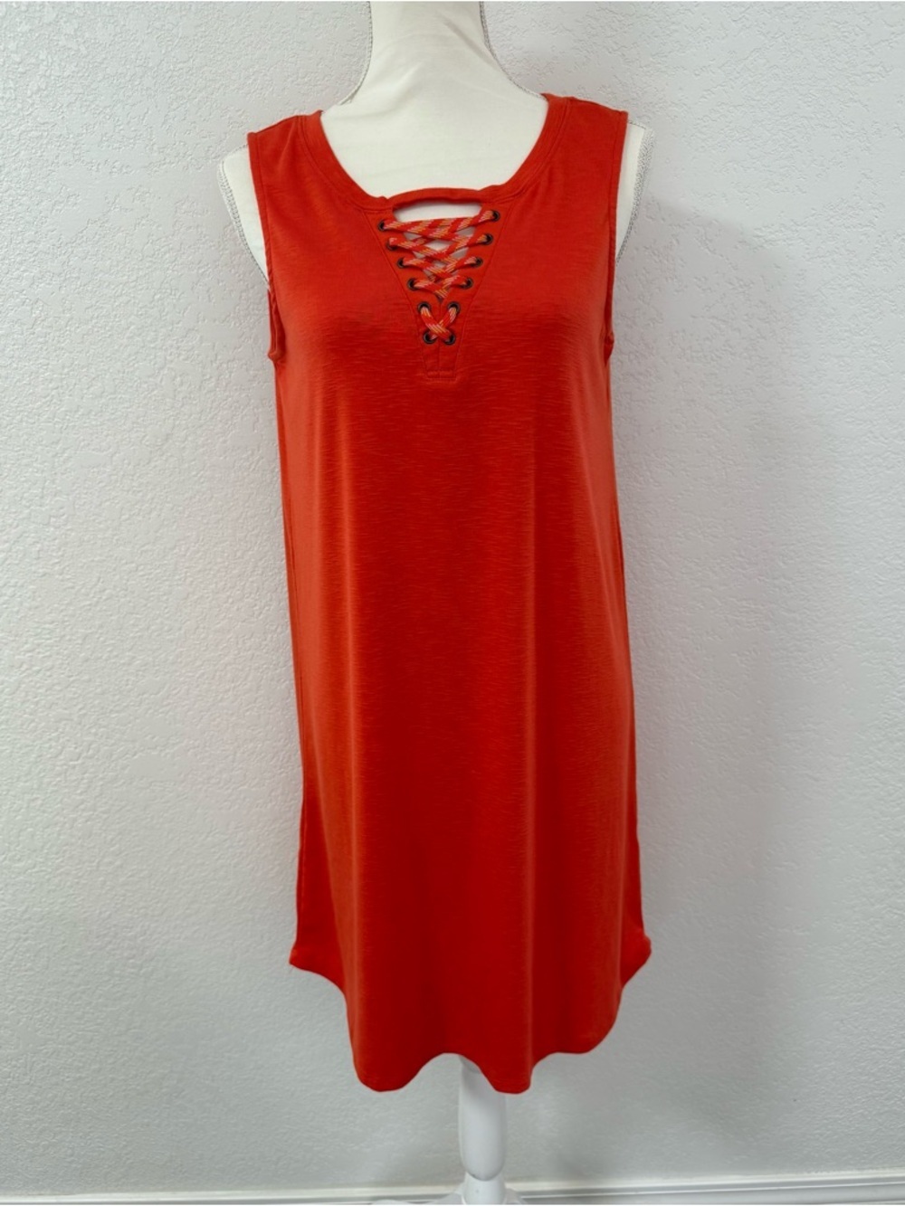Democracy Sleeveless Lace-Up Midi Dress in Red-Orange